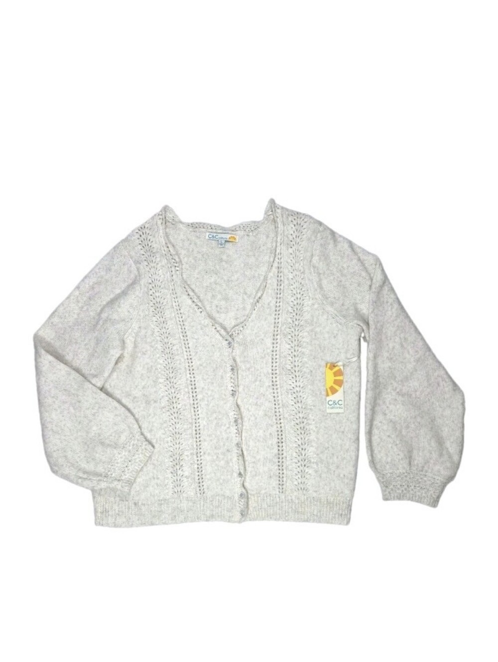 C&C California Pointelle Knit Cardigan Womens Size L Heathered Oatmeal New